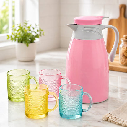 Conjunto Kit Garrafa Térmica + 4 Copos De Vidro Para Café Chá De 1 Litro
