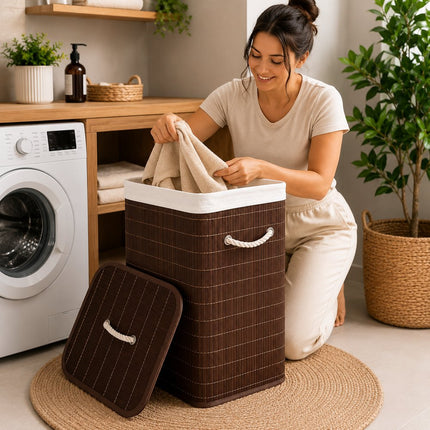 Cesto De Roupa Grande Organizador Em Bambu Com Tampa e Alça De 70 Litros