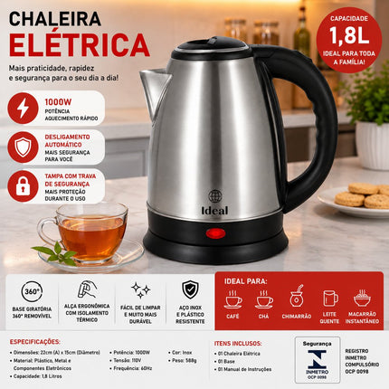 Chaleira Elétrica Inox 1,8 Litros 1000W Desligamento Automático e Base Removível Para Café e Chá